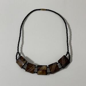 Black Seed Bead Brown Shell Carved Engraved Bib Necklace Bohemian Barrel Clasp